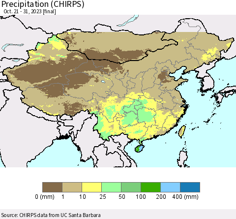 China, Mongolia and Taiwan Precipitation (CHIRPS) Thematic Map For 10/21/2023 - 10/31/2023