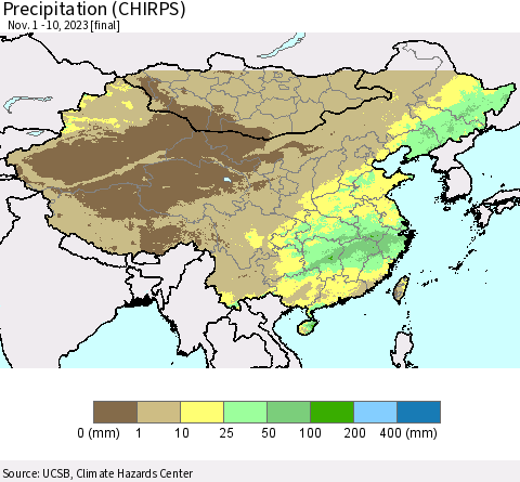 China, Mongolia and Taiwan Precipitation (CHIRPS) Thematic Map For 11/1/2023 - 11/10/2023