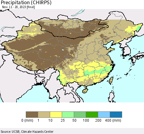China, Mongolia and Taiwan Precipitation (CHIRPS) Thematic Map For 11/11/2023 - 11/20/2023