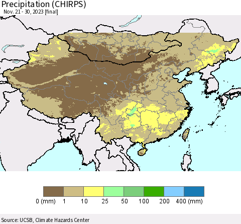 China, Mongolia and Taiwan Precipitation (CHIRPS) Thematic Map For 11/21/2023 - 11/30/2023