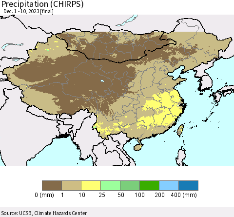 China, Mongolia and Taiwan Precipitation (CHIRPS) Thematic Map For 12/1/2023 - 12/10/2023