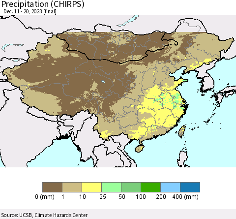 China, Mongolia and Taiwan Precipitation (CHIRPS) Thematic Map For 12/11/2023 - 12/20/2023