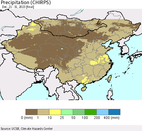 China, Mongolia and Taiwan Precipitation (CHIRPS) Thematic Map For 12/21/2023 - 12/31/2023