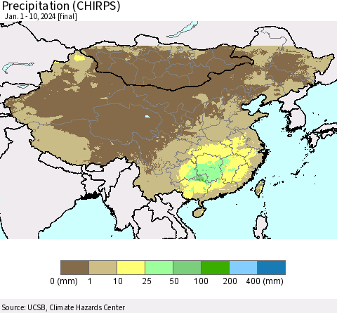 China, Mongolia and Taiwan Precipitation (CHIRPS) Thematic Map For 1/1/2024 - 1/10/2024