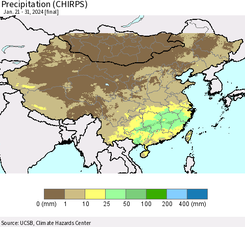 China, Mongolia and Taiwan Precipitation (CHIRPS) Thematic Map For 1/21/2024 - 1/31/2024