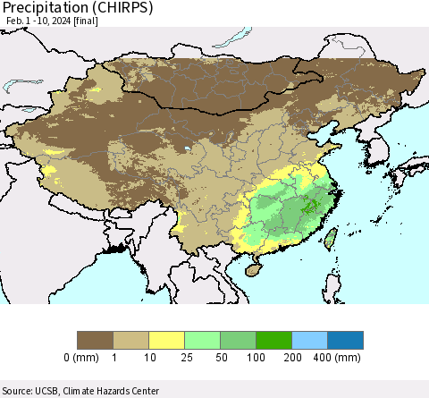 China, Mongolia and Taiwan Precipitation (CHIRPS) Thematic Map For 2/1/2024 - 2/10/2024