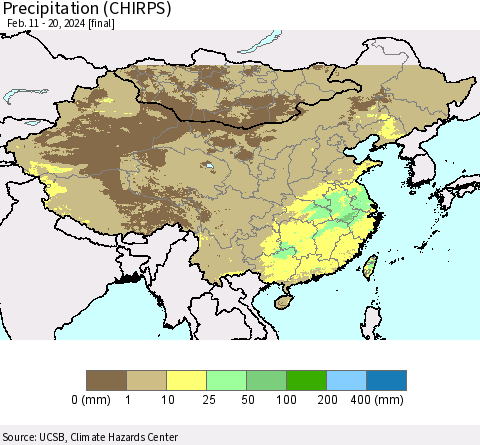 China, Mongolia and Taiwan Precipitation (CHIRPS) Thematic Map For 2/11/2024 - 2/20/2024