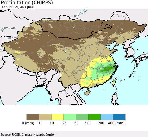 China, Mongolia and Taiwan Precipitation (CHIRPS) Thematic Map For 2/21/2024 - 2/29/2024