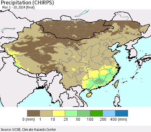 China, Mongolia and Taiwan Precipitation (CHIRPS) Thematic Map For 3/1/2024 - 3/10/2024