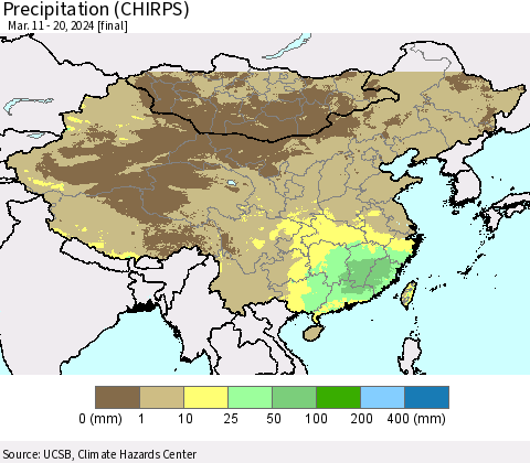 China, Mongolia and Taiwan Precipitation (CHIRPS) Thematic Map For 3/11/2024 - 3/20/2024
