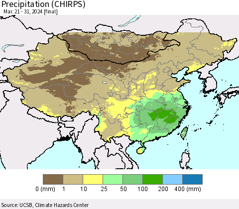China, Mongolia and Taiwan Precipitation (CHIRPS) Thematic Map For 3/21/2024 - 3/31/2024