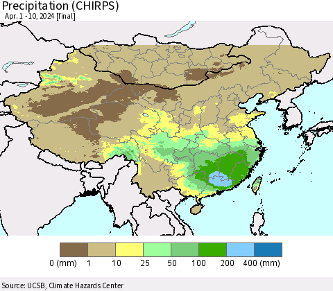 China, Mongolia and Taiwan Precipitation (CHIRPS) Thematic Map For 4/1/2024 - 4/10/2024