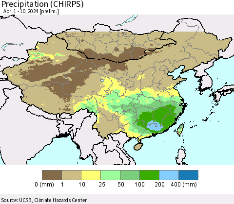 China, Mongolia and Taiwan Precipitation (CHIRPS) Thematic Map For 4/1/2024 - 4/10/2024