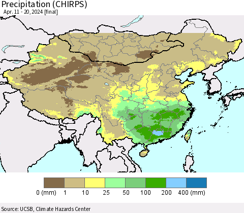China, Mongolia and Taiwan Precipitation (CHIRPS) Thematic Map For 4/11/2024 - 4/20/2024