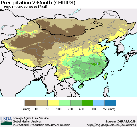China, Mongolia and Taiwan Precipitation 2-Month (CHIRPS) Thematic Map For 3/1/2018 - 4/30/2018