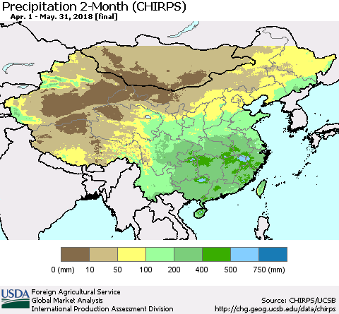 China, Mongolia and Taiwan Precipitation 2-Month (CHIRPS) Thematic Map For 4/1/2018 - 5/31/2018