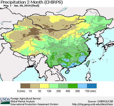 China, Mongolia and Taiwan Precipitation 2-Month (CHIRPS) Thematic Map For 5/1/2018 - 6/30/2018