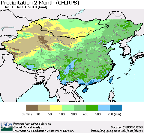 China, Mongolia and Taiwan Precipitation 2-Month (CHIRPS) Thematic Map For 6/1/2018 - 7/31/2018