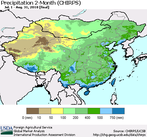 China, Mongolia and Taiwan Precipitation 2-Month (CHIRPS) Thematic Map For 7/1/2018 - 8/31/2018