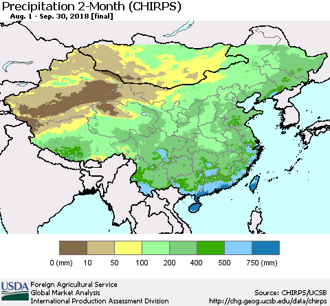 China, Mongolia and Taiwan Precipitation 2-Month (CHIRPS) Thematic Map For 8/1/2018 - 9/30/2018