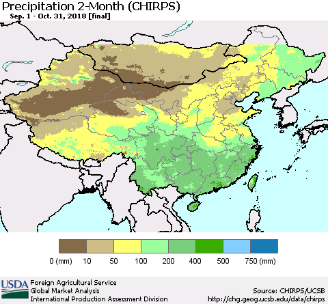 China, Mongolia and Taiwan Precipitation 2-Month (CHIRPS) Thematic Map For 9/1/2018 - 10/31/2018
