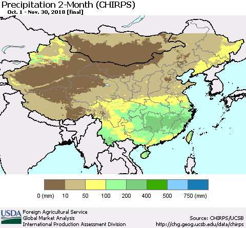 China and Taiwan Precipitation 2-Month (CHIRPS) Thematic Map For 10/1/2018 - 11/30/2018