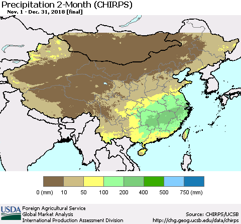 China and Taiwan Precipitation 2-Month (CHIRPS) Thematic Map For 11/1/2018 - 12/31/2018