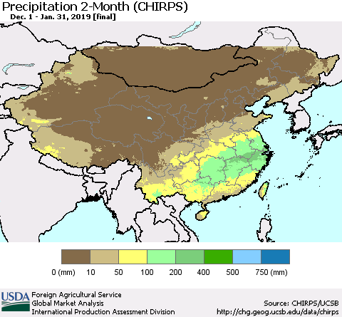 China, Mongolia and Taiwan Precipitation 2-Month (CHIRPS) Thematic Map For 12/1/2018 - 1/31/2019