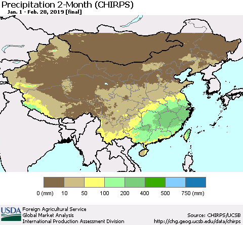 China and Taiwan Precipitation 2-Month (CHIRPS) Thematic Map For 1/1/2019 - 2/28/2019