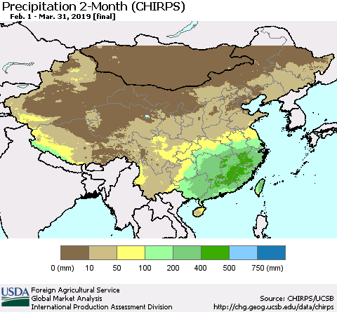China and Taiwan Precipitation 2-Month (CHIRPS) Thematic Map For 2/1/2019 - 3/31/2019