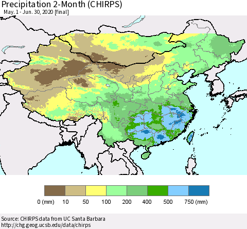 China, Mongolia and Taiwan Precipitation 2-Month (CHIRPS) Thematic Map For 5/1/2020 - 6/30/2020