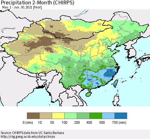 China and Taiwan Precipitation 2-Month (CHIRPS) Thematic Map For 5/1/2021 - 6/30/2021