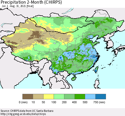 China, Mongolia and Taiwan Precipitation 2-Month (CHIRPS) Thematic Map For 7/1/2021 - 8/31/2021