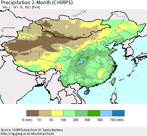 China and Taiwan Precipitation 2-Month (CHIRPS) Thematic Map For 9/1/2021 - 10/31/2021