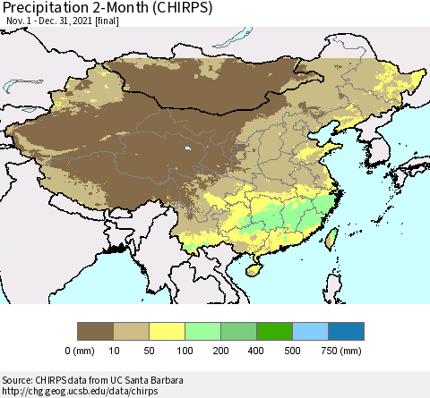 China and Taiwan Precipitation 2-Month (CHIRPS) Thematic Map For 11/1/2021 - 12/31/2021