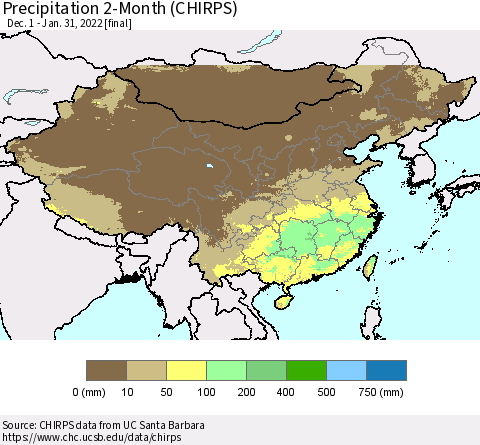 China and Taiwan Precipitation 2-Month (CHIRPS) Thematic Map For 12/1/2021 - 1/31/2022