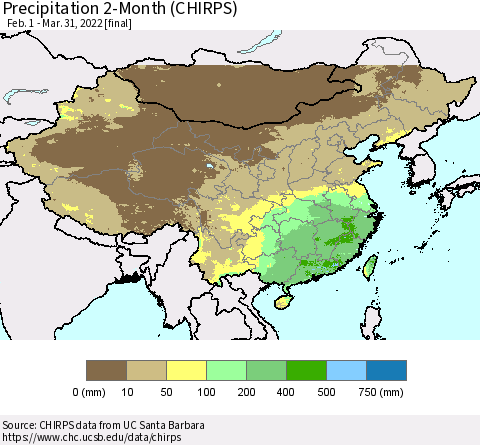 China and Taiwan Precipitation 2-Month (CHIRPS) Thematic Map For 2/1/2022 - 3/31/2022