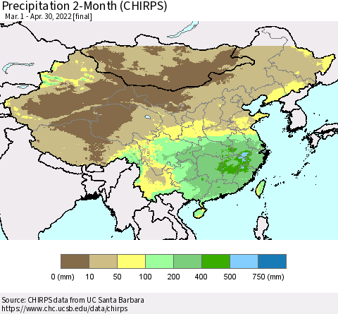 China and Taiwan Precipitation 2-Month (CHIRPS) Thematic Map For 3/1/2022 - 4/30/2022