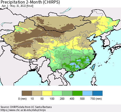 China and Taiwan Precipitation 2-Month (CHIRPS) Thematic Map For 4/1/2022 - 5/31/2022