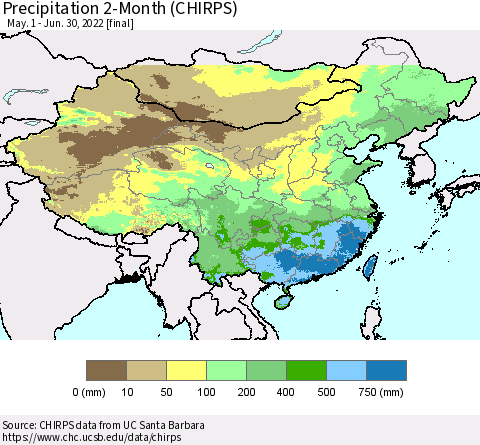 China and Taiwan Precipitation 2-Month (CHIRPS) Thematic Map For 5/1/2022 - 6/30/2022