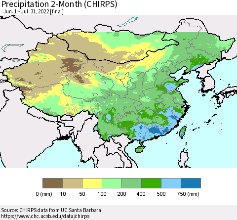 China, Mongolia and Taiwan Precipitation 2-Month (CHIRPS) Thematic Map For 6/1/2022 - 7/31/2022