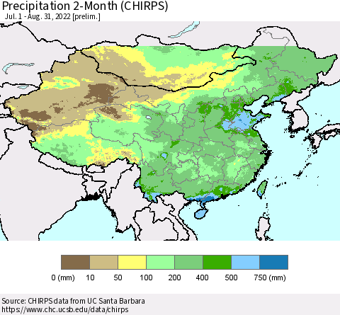 China, Mongolia and Taiwan Precipitation 2-Month (CHIRPS) Thematic Map For 7/1/2022 - 8/31/2022