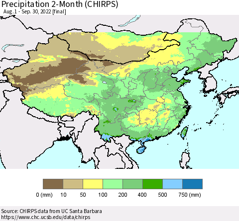 China and Taiwan Precipitation 2-Month (CHIRPS) Thematic Map For 8/1/2022 - 9/30/2022