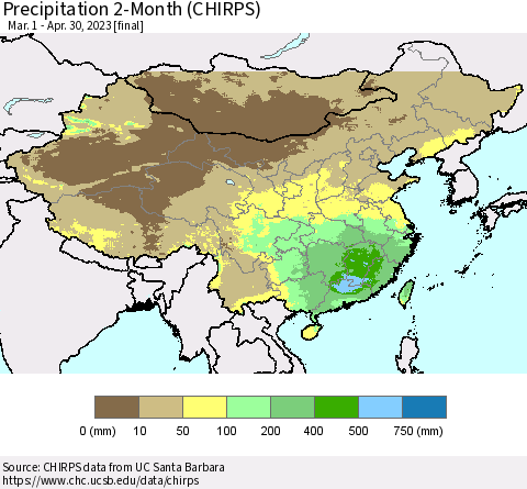 China and Taiwan Precipitation 2-Month (CHIRPS) Thematic Map For 3/1/2023 - 4/30/2023