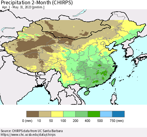 China and Taiwan Precipitation 2-Month (CHIRPS) Thematic Map For 4/1/2023 - 5/31/2023