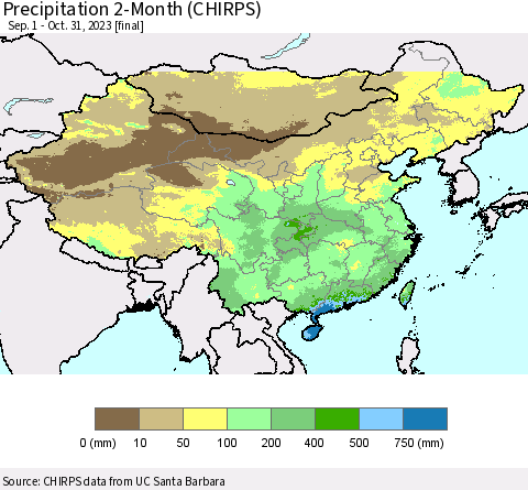 China, Mongolia and Taiwan Precipitation 2-Month (CHIRPS) Thematic Map For 9/1/2023 - 10/31/2023