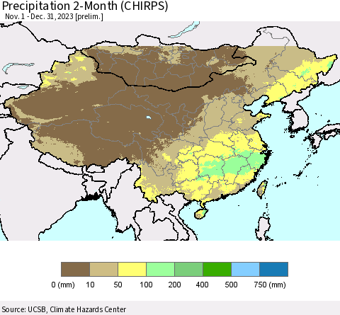 China, Mongolia and Taiwan Precipitation 2-Month (CHIRPS) Thematic Map For 11/1/2023 - 12/31/2023