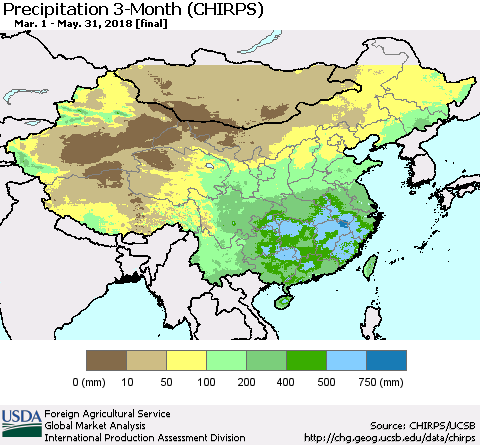 China, Mongolia and Taiwan Precipitation 3-Month (CHIRPS) Thematic Map For 3/1/2018 - 5/31/2018