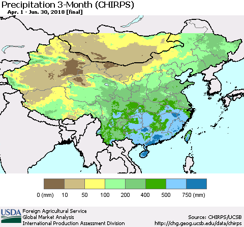 China, Mongolia and Taiwan Precipitation 3-Month (CHIRPS) Thematic Map For 4/1/2018 - 6/30/2018