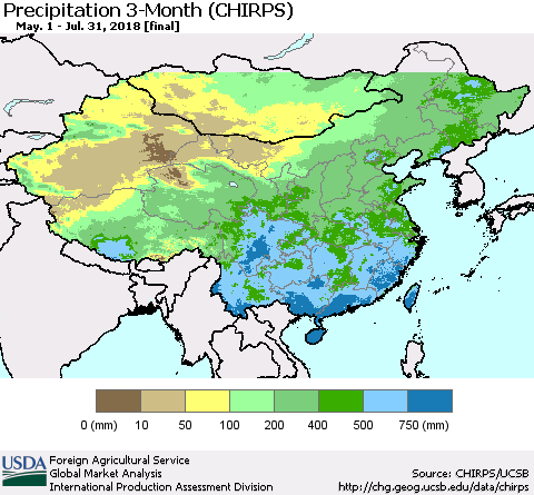 China, Mongolia and Taiwan Precipitation 3-Month (CHIRPS) Thematic Map For 5/1/2018 - 7/31/2018
